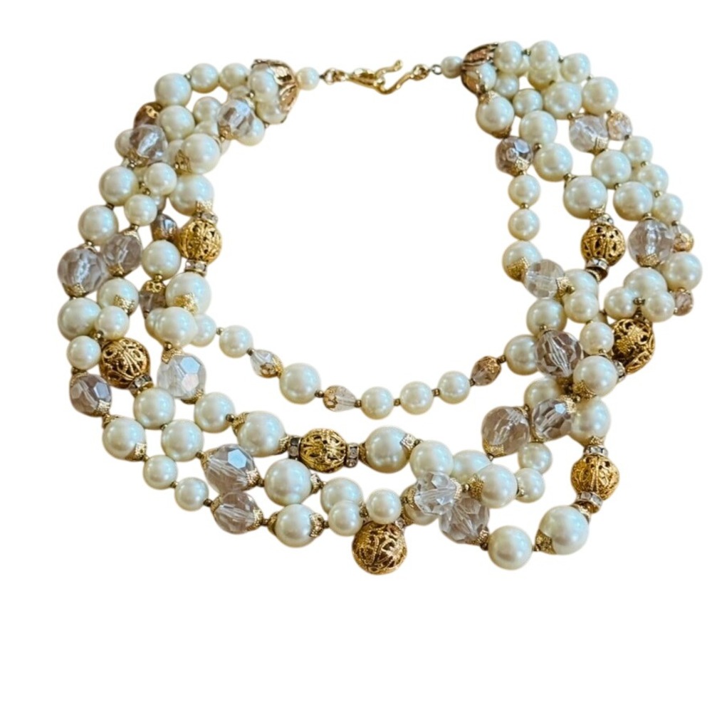 Runway Regal Pearl Necklace VTG Crystal Filigree Multi 4 Strand Bib Beads 19"